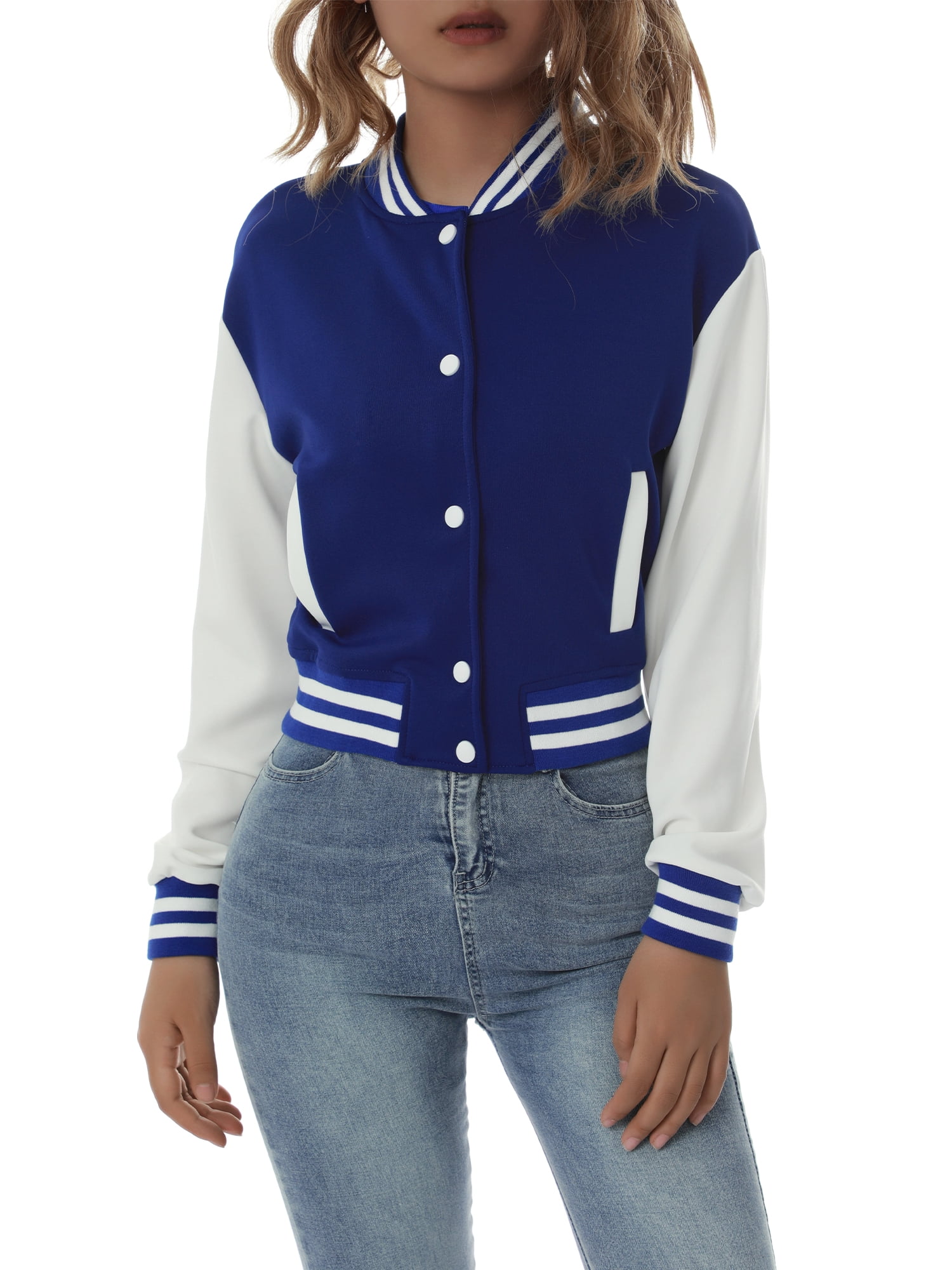 Women Varsity Baseball Jacket Casual Sweatshirt Long Sleeve Colorblock Button Down Cropped Bomber Coat