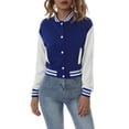 thumbnail image 1 of Women Varsity Baseball Jacket Casual Sweatshirt Long Sleeve Colorblock Button Down Cropped Bomber Coat, 1 of 9