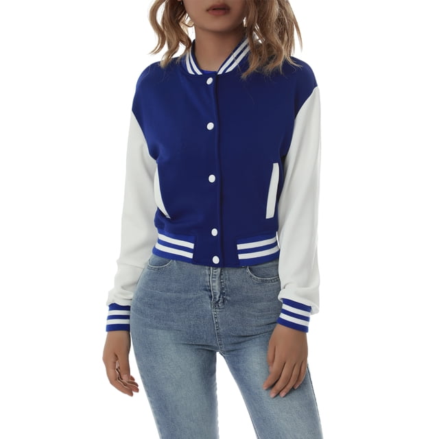 Women Varsity Baseball Jacket Casual Sweatshirt Long Sleeve Colorblock Button Down Cropped Bomber Coat