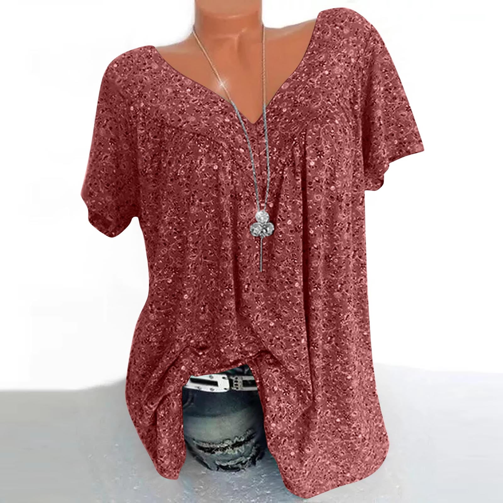 zanvin Blouse à Manches Courtes pour Femmes, Hauts à Enfiler à Col en V Imprimé à Manches Courtes pour Femmes Grande Taille, Blouses à Manches Courtes, Rouge, TTG