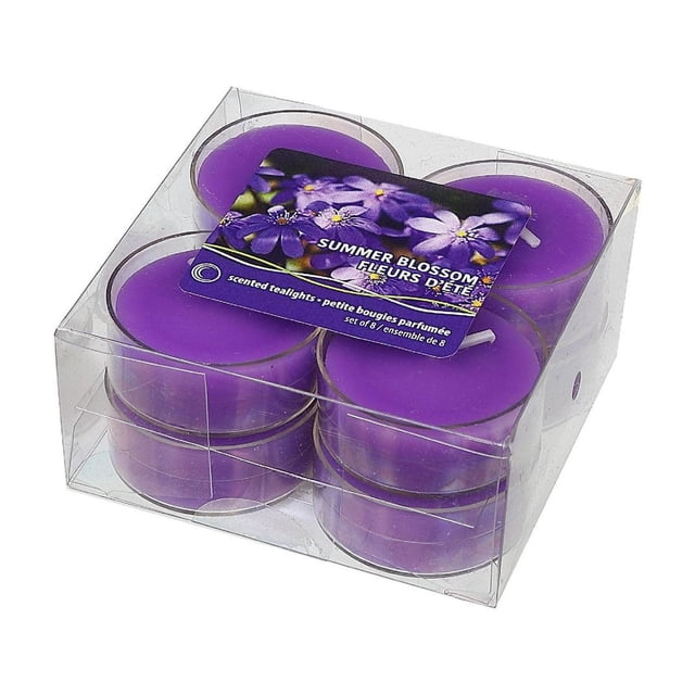 Lot de 8 Chauffe-Plats Parfumés (Summer Blossom) - Ensemble de 2 avec des Bougies en Cire Violettes Vibrantes dans des Supports Transparents, Empilées en Deux Rangées de Quatre à l'Intérieur, Emballage transparent, Présentant une Étiquette avec Motif de Fleur d'Été et Texte Bilingue, Convient à la Déco Maison et à l'Amélioration de l'Humeur.