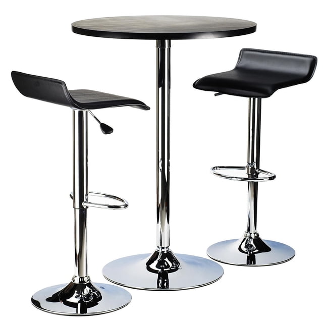 Spectrum Ensemble de Salle à Manger avec une table de pub en composite de Bois Noir Mat de 23,62 Po de Diamètre sur une base Piédestal en Acier Chromé de 39,76 Po de Hauteur, Assorti à Deux Tabourets Pivotants Réglables avec Sièges en PVC Noir, bases Chromées, Diamètre de 15 Po et Repose-Pieds, Convient aux Petits Espaces de Salle à Manger Ou aux Espaces Sociaux.