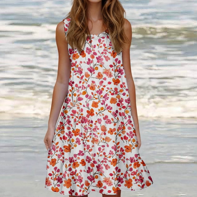 Ovzne Robes pour Femmes 2025 Robe pour Femme Mode pour Femmes Vacances Été Couleur Unie Sans Manches Robe de Fête de Plage Robe pour Femmes Imprimée Liquidation