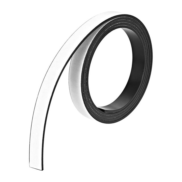 Unique Bargains Magnetic Strip with white sticky backing, measuring 25/64 inch in width, 3.3 feet in length, and 1/16 inch in thickness. The black rubber magnet features a white adhesive tape on one side, shown coiled in a roll. Ideal for shelf labeling, craft projects, and classroom use.