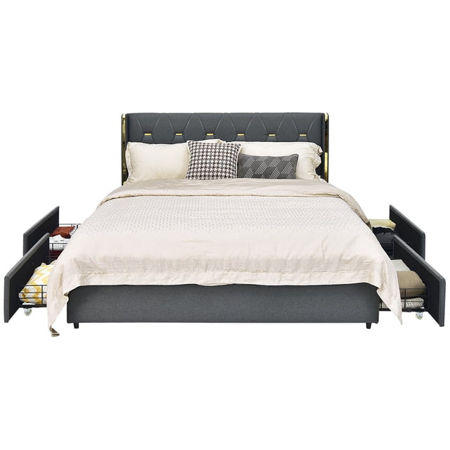 Gymax Cadre de Lit Grand Rembourré avec 4 Tiroirs de Rangement Tête de Lit Gris Foncé