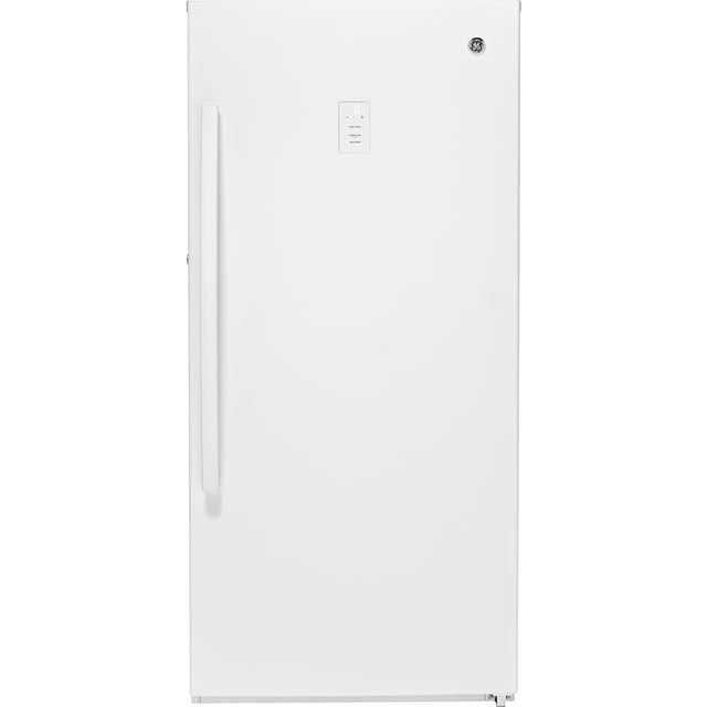 GE 14.1 Cu. Ft. Frost Free Upright Freezer - FUF14SMRWW displayed in a front-facing view. This freestanding upright freezer features a white finish, electronic temperature control, and a vertical handle. It includes four adjustable cabinet shelves, four door shelves, interior lighting, and a lock for security. Designed with frost-free defrost technology, it has a capacity range of 12-18 cu.ft and operates at 115V, 60Hz, 20A. Suitable for home use and energy-efficient storage.