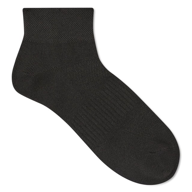 Athletic Works Women's Ankle Socks 6-Pack single black ankle sock shown flat with ribbed elastic arch and textured cuff, made of 67% recycled polyester blend, ideal for casual and athletic wear.