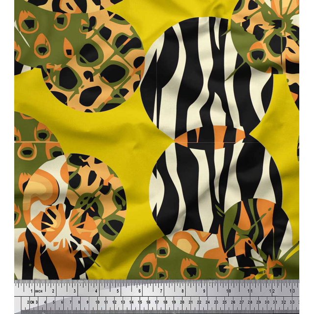 Soimoi Yellow Silk Fabric Leopard & Wild Animal Skin Print Sewing Fabric BTY 42 Inch Wide