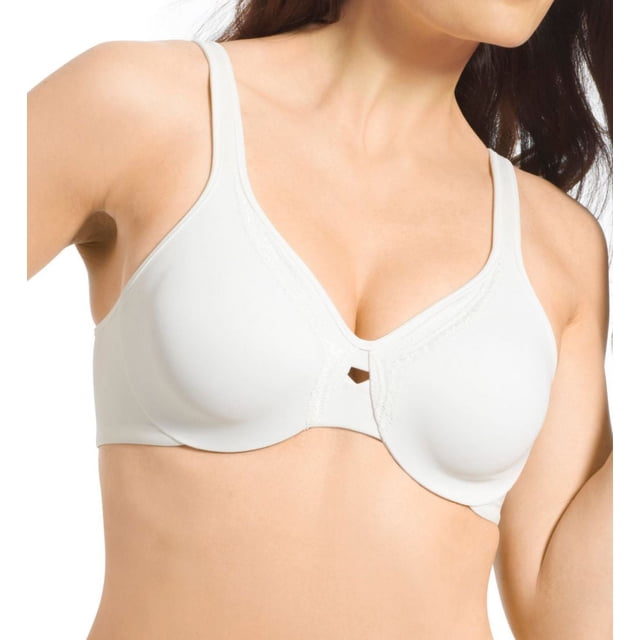 Women's Olga 35912 Butterfly Effect Minimizer Bra in white, size 40D. Features a molded underwire design with double-layer stretchy cups for a natural shape and minimized appearance. Embroidered butterfly detail at the center front with a keyhole accent. Wide, padded straps and seamless sides for comfort and a smooth fit under clothing.