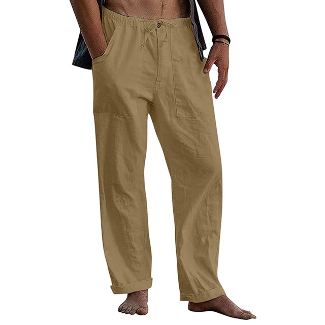Daeful Mens Trousers Drawstring Pants Summer Solid Fashion Sweatpants Ginger 5XL. These men's joggers feature a solid ginger color, elastic waistband with drawstring, and slant pockets. Made from a breathable blend of 30% linen and 70% cotton, they offer a loose fit and straight-leg design ideal for summer, casual outings, beachwear, or lounging.
