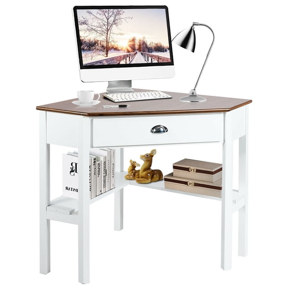 Costway Corner Desk Space-saving Triangular Computer Desk with Storage Drawer & Shelf Brown & White