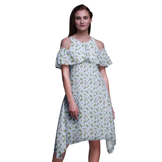 Bimba Robe Midi à Manches Volantées pour Femmes, Tunique Évasée à Épaules Dénudées, Imprimé Floral Bleu - XXX-Large