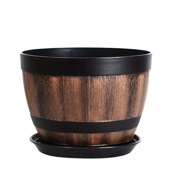 Hearth & Gear Outdoor Garden Flower Pots Planters For Balcony Patio Yard Decorative Wood Barrel Style Lightweight Durable Container Flower Pot Flower Pot for Resin Flower Indoor Flower Stand 24 Inches