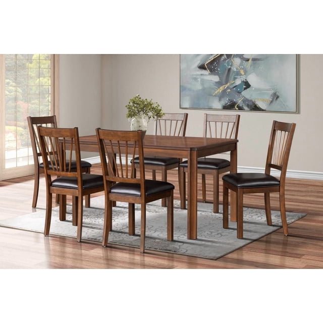 Noah Ensemble de Salle à Manger 7 Pcs, Fini espresso, avec une table Rectangulaire en Acacia et Bois de Caoutchouc, Doté de Pieds Évasés et d'Un Dessus de 25 mm d'Épaisseur, Accompagné de six Chaises avec Dossiers à Lattes Verticales et Housses de Siège en Tissu Noir, Placé sur un Tapis à Motifs dans une Salle à Manger Lumineuse avec Planchers de Bois Franc et art Mural Abstrait, Idéal pour les Repas en Famille Ou les Rassemblements Intimes.