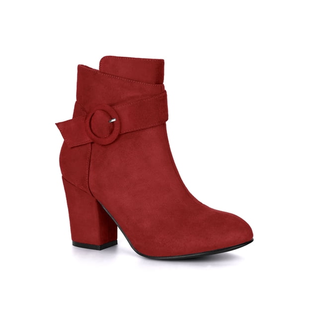 Unique Bargains Women's Round Toe Chunky Heel Zip Heeled Boots Ankle Booties Red 8