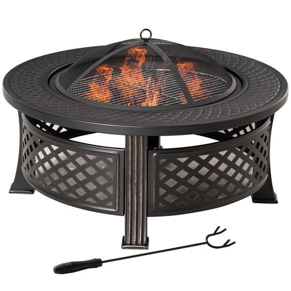 Outsunny Outdoor Fire Pit, Round Firepit with Grill Net, Mesh Lid, Bronze