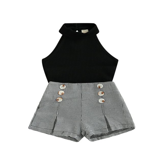Débardeur Sans Manches à Col Roulé en Tricot pour Bébé Fille Short en Cuir PU