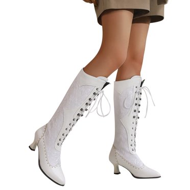 EGNMCR Knee High Boots Large Women's Fall/Winter Lace Contrast Boots Mutual Lace High Heel Boots