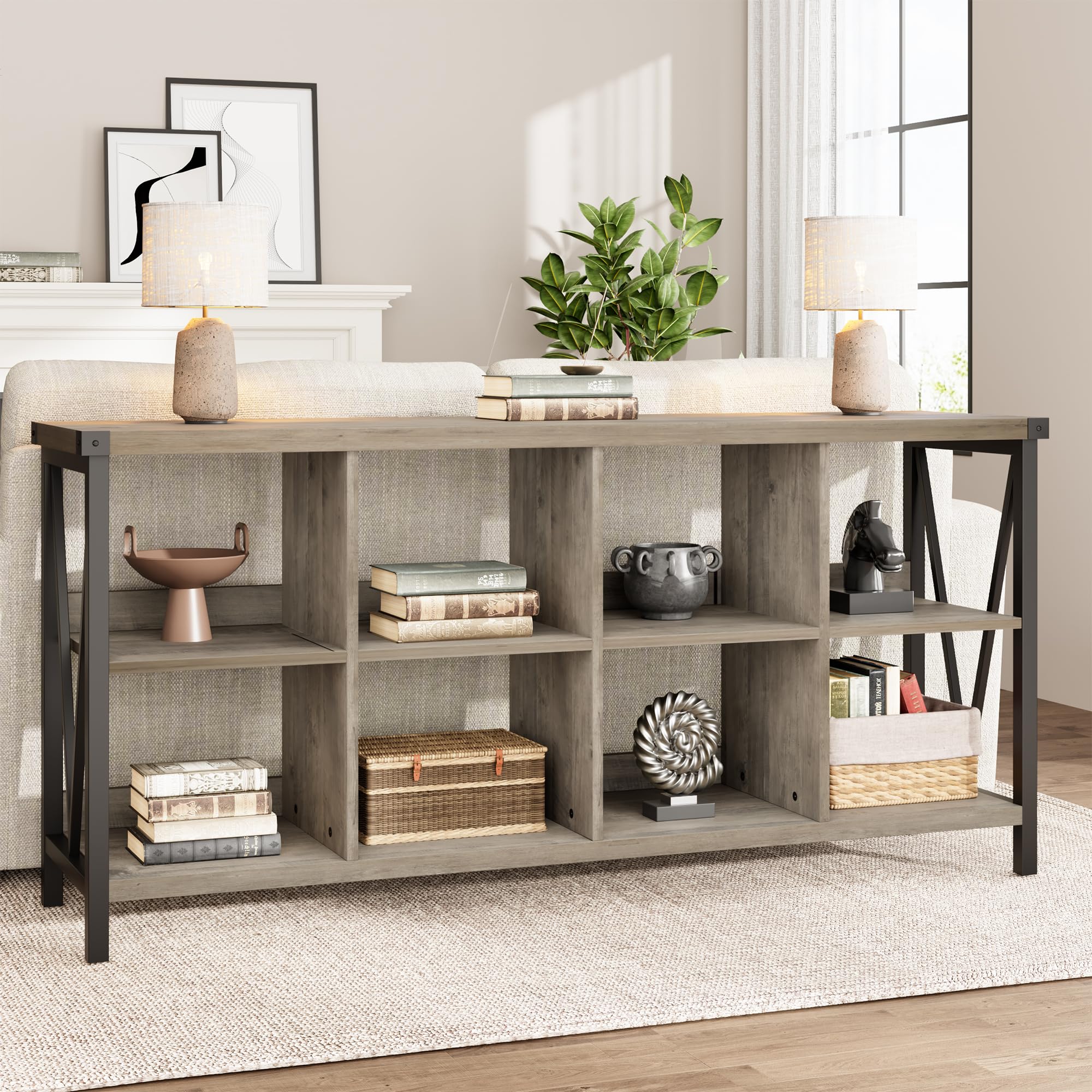 8 Cube Storage Organizer Bookshelf, 62 Inch Industrial Low Book Shelf & Bookcase – 2 Tier Metal Horizontal Bookcase for Living Room & Home Office, Grey