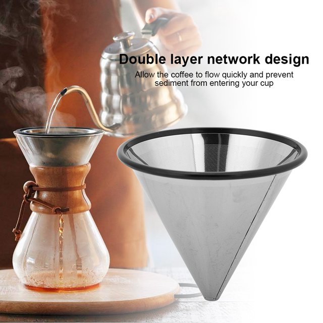 Filfeel Coffee Filter, Cold Brew Coffee Filter, Stainless Steel For Cafe Families. A silver, cone-shaped stainless steel coffee filter with a double-layered mesh design for quick brewing and effective sediment prevention. Shown in use with a pour-over coffee maker on a wooden surface, highlighting its rust-resistant and durable construction. Dishwasher safe and easy to clean, suitable for home or cafe use.