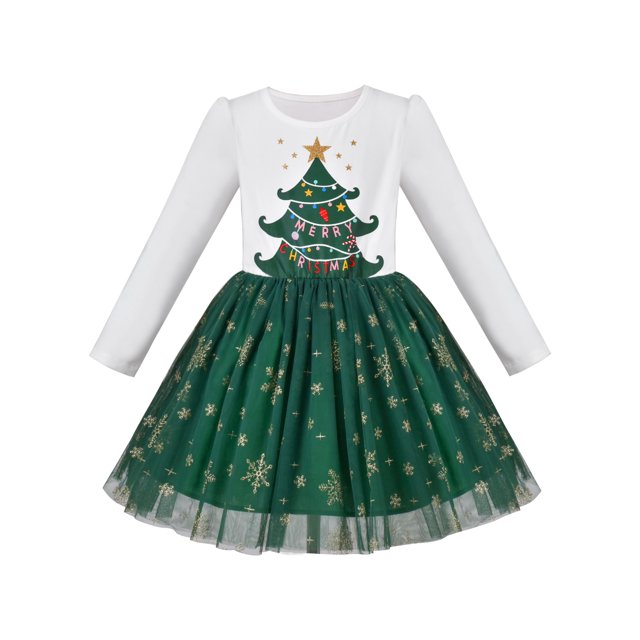 Robe Fille Verte Arbre de Noël Flocon de Neige Tutu Manches Longues 7 Ans