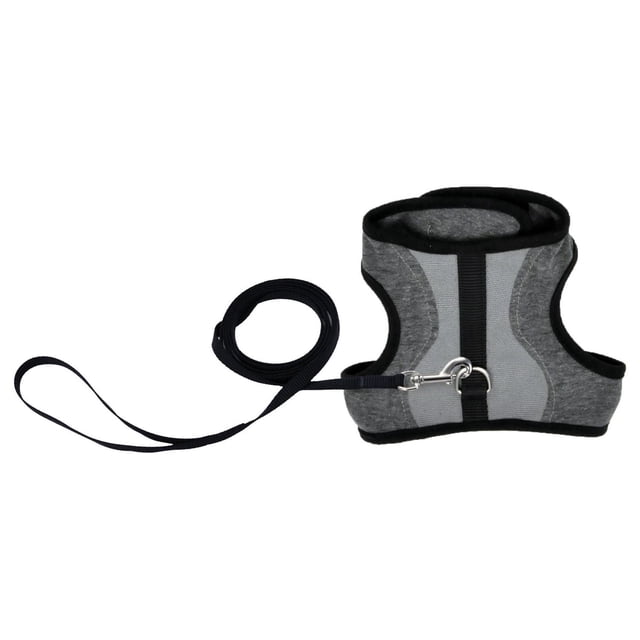 Pet Attire Adjustable Cat Wrap Harness & 6' Leash Cat Combo in grey soft breathable fabric with black trim, featuring fully adjustable neck (8-12 inches) and girth (11-16 inches), quiet hook and loop closure, D-ring leash attachment, and a black 6-foot leash coiled beside it on a white background, ideal for secure and comfortable outdoor cat walking.