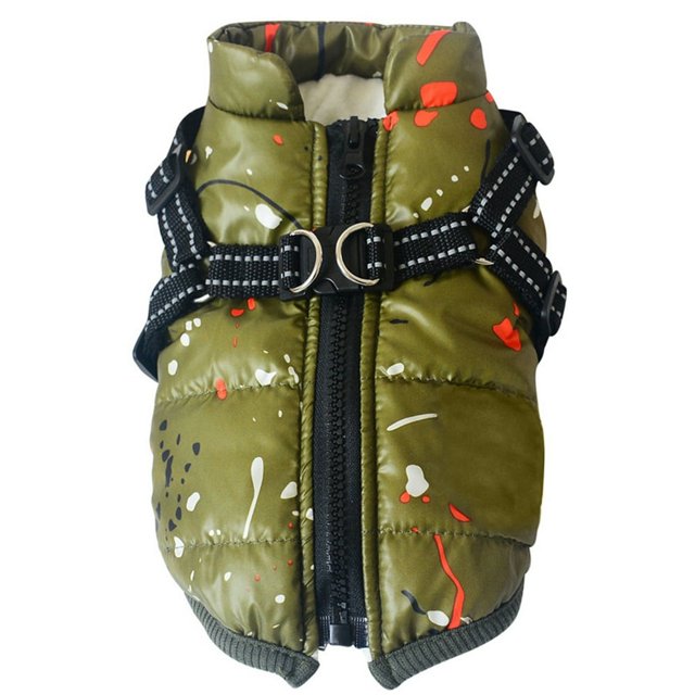Dog Coat with Harness Winter Dog Coat Fleece Dog Jacket Waterproof Dog Coat Zipper Dog Jacket Puppy Coat with Reflective Harness for All Dogs in green, size large. The coat features a waterproof fabric with a large zipper for easy wear and removal. It includes an adjustable back harness with reflective elements for night safety and a durable D-shaped ring for leash attachment. The design is suitable for rainy days and provides warmth and comfort for dogs.