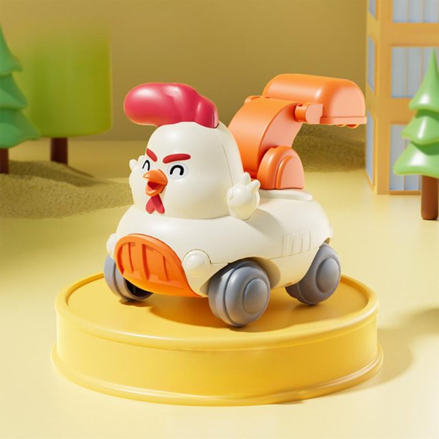 Feltree Animal Inertia Engineering Toy Car with Chicken Design, a movable plastic vehicle for kids' pretend play and learning. The toy features a white chicken-shaped body with orange accents, including an excavator arm at the back. It measures 9 x 8.5 x 6.5 cm and is designed with rounded edges for safety. The toy is displayed on a yellow platform with a playful background of trees and buildings, emphasizing its interactive and ornamental qualities.