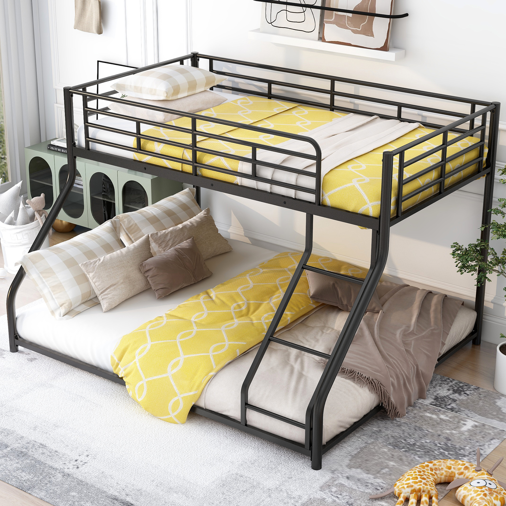 Noble House Full XL Over Queen Metal Bunk Bed,Black Industrial Frame with Guardrails & Slats,Black