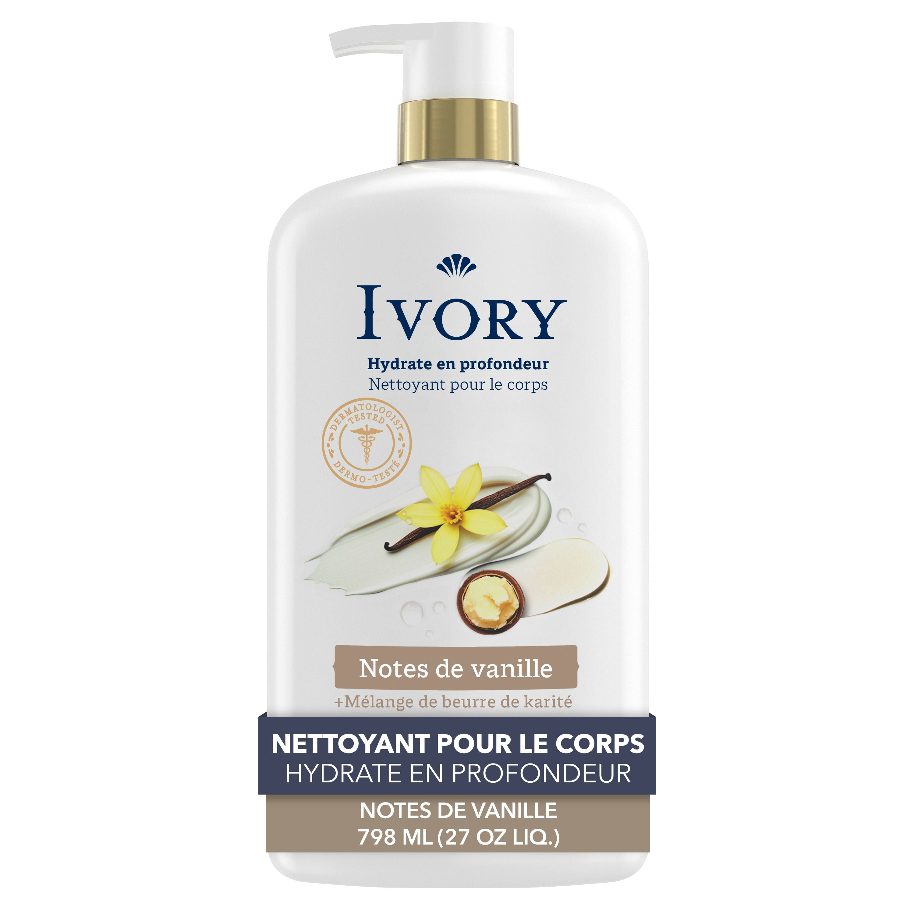 Nettoyant pour le corps Ivory Hydrate en profondeur, hydratation nourrissante pendant 24 h, apaise la peau sèche qui démange, fait d’un mélange de beurre de karité, parfum Notes de vanille, 798 mL