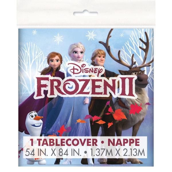 Disney Frozen 2 rectangular plastic table cover measuring 54 by 84 inches, featuring Anna, Elsa, Olaf, and Sven on a blue winter background with snowflakes and autumn leaves, suitable for protecting tables at Frozen themed parties.