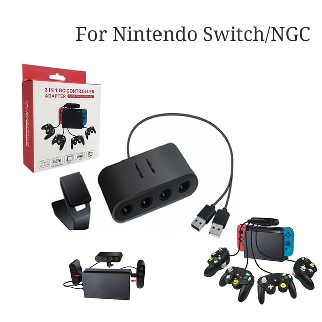 cpengpj GameCube Controller Adapter for Nintendo Switch, Wii U and PC, 3-in-1 4-Port USB Converter with Mounting Bracket, Plug and Play compact 4-port GameCube controller hub with included mounting bracket and dual USB leads, rear mode switch to select Switch/Wii U or PC, supports built-in vibration when both USB plugs are connected, often used for local multiplayer or retro gaming setups.