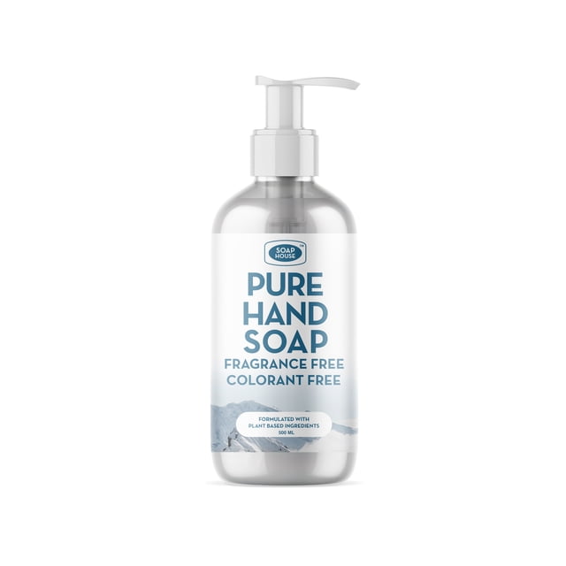 Soap House Savon à Mains Naturel, Sans Parfum et Sans Colorant, Présenté dans une Bouteille à Pompe de 500 ml. l'Étiquette Met en Valeur Sa Formule Douce, Sans Parabènes Ni sulfates, Convient aux Peaux Sensibles. Lot de 4 Unités, Fabriqué au Canada.
