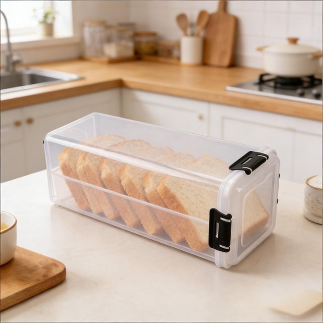 Airtight Bread Storage Container 33cm Transparent Plastic Box with Front Opening for Kitchen Organization and Freshness Preservation, Black or White