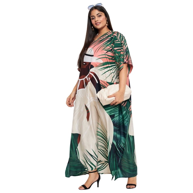 Oussum Robe Kaftan Longue en Polyester Grande Taille à Motif Tribal Pêche pour Femmes