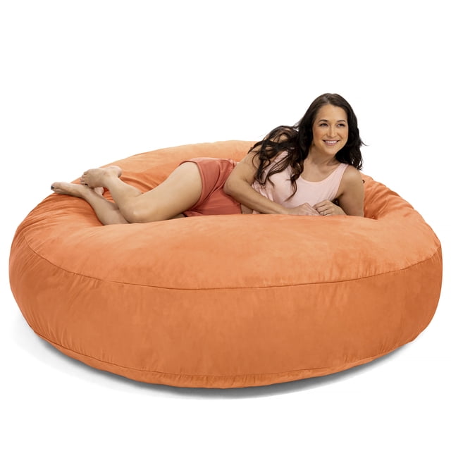 Jaxx 6 ft Cocoon - Large Bean Bag Chair for Adults with Microsuede Cover in Mandarin color. A spacious, round bean bag chair with a soft microsuede texture, ideal for kids' seating or lounging. Features a protective inner-liner with childproof zipper and removable, machine-washable cover for easy cleaning.