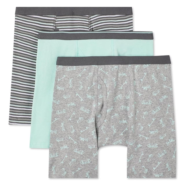 George Boys' Boxer Briefs 3-Pack with three pairs of 100% cotton boxer briefs for boys, including a grey pair with light blue skateboard and scooter prints, a solid light blue pair, and a grey and white striped pair, all with elasticized dark grey waistbands for comfort and fit.