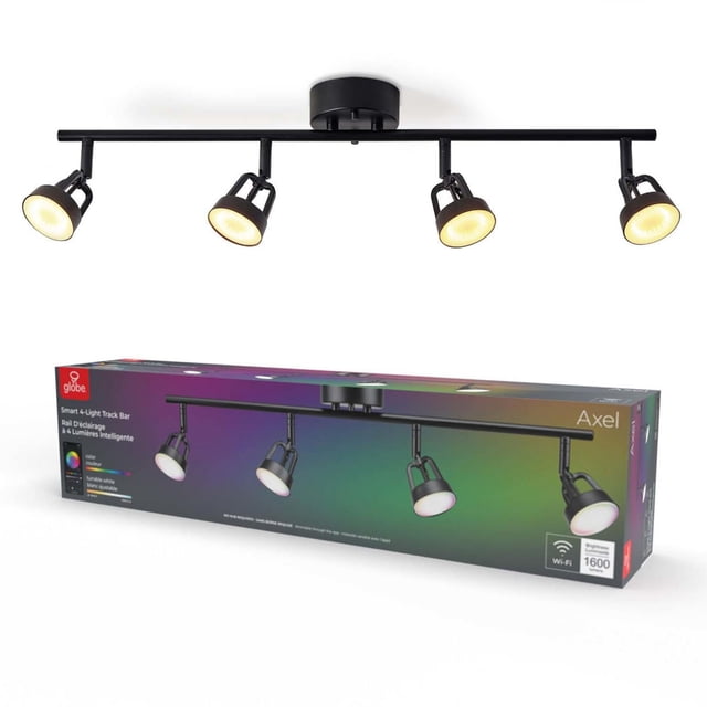 Globe Electric Smart 4-Light Matte Black Multicolor RGB LED Integrated Voice Activated Track Light with four adjustable spotlights on a matte black track bar, shown lit with warm white light above its packaging box highlighting Wi-Fi connectivity and 1600 lumens brightness, suitable for smart home lighting automation.