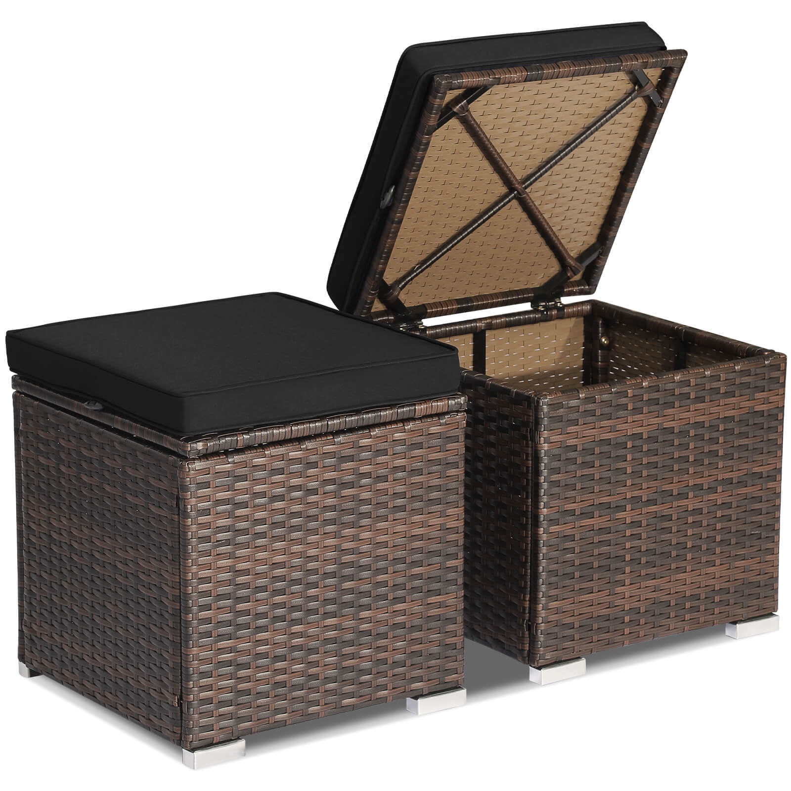 Costway 2PCS Patio Rattan Ottomans Seat Side Table Storage Box Footstool with Cushion Black