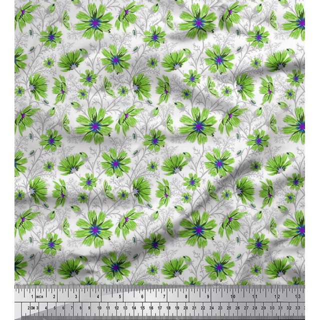 Soimoi Poly Georgette Fabric Leaves & Cosmos Floral Print Sewing Fabric Yard 42 Inch Wide