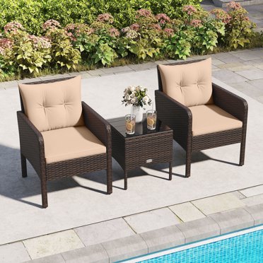 Gymax Ensemble de 3 Meubles d'Extérieur pour Patio en Rotin PE avec Coussins et Table Basse en Verre Trempé Beige