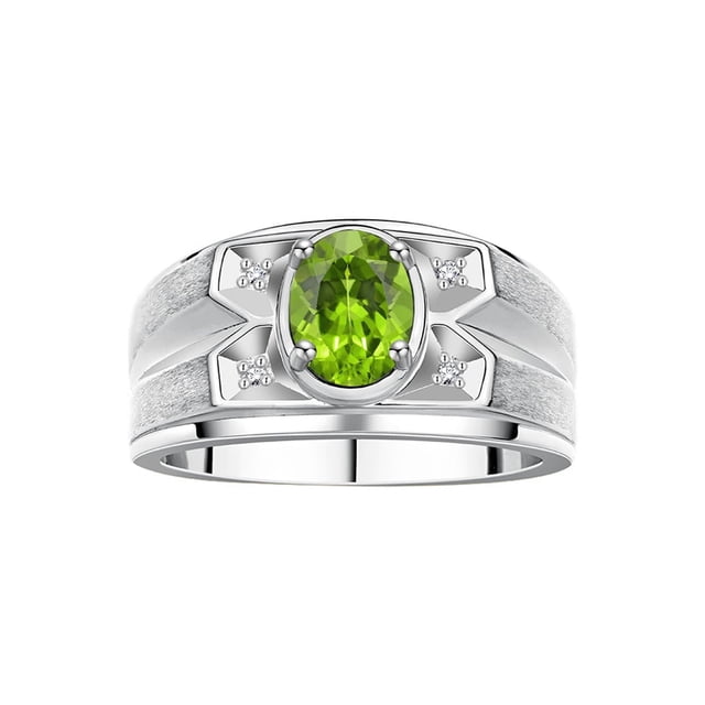 RYLOS Men's Rings Sterling Silver Rings Classic Designer Style 8X6MM Oval Gemstone & Diamond Ring Peridot August Birthstone Rings For Men, Size 11