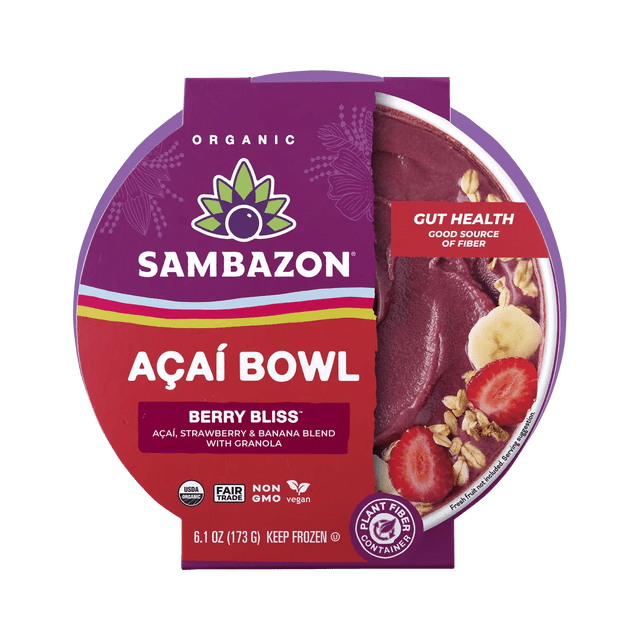 Berry Bliss Açaí Bowl by Sambazon, a 6.1 oz ready-to-eat frozen organic blend of açaí berry, strawberry, and banana with granola topping in a recyclable plant fiber container, a good source of fiber supporting gut health.