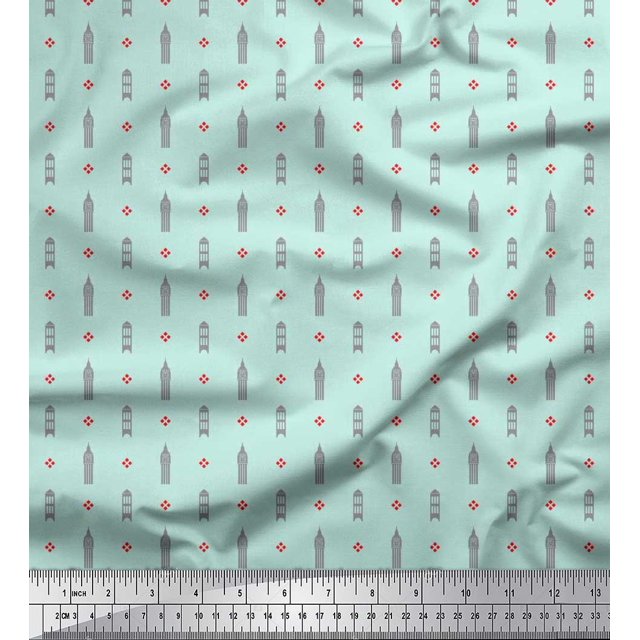Soimoi polyester Crepe Fabric Curve Diamond & Clock Tower Architectural Decor Fabric Printed Yard 52 Inch Wide