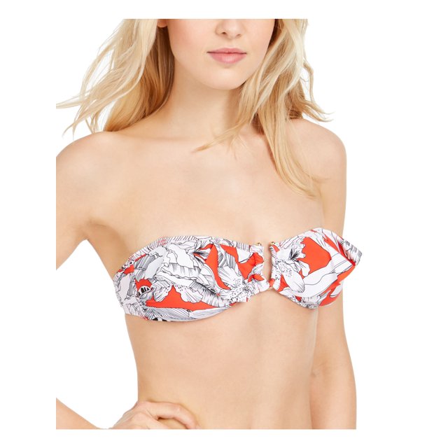 RACHEL RACHEL ROY Women's Red Floral Stretch U-Wire Removable Cups Bikini Convertible Ruffled Island Getaway Bandeau Swimsuit Top S