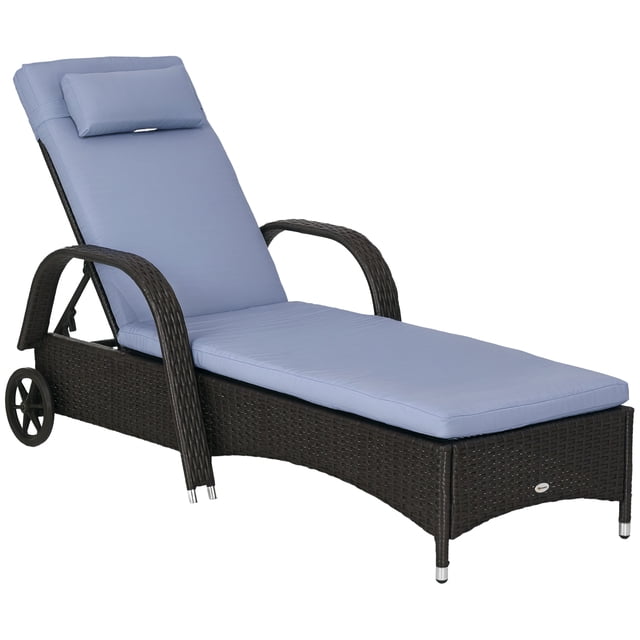 Outsunny Rattan Chaise Lounge Chair with Headrest and Adjustable Backrest, crafted with deep coffee PE rattan wicker and a silver grey cushion. This outdoor patio furniture features a 5-level adjustable backrest, UV-protected foam cushion, and two rear wheels for easy mobility. Built with a rust-resistant steel frame, it measures 78.75 inches long, 28.75 inches wide, and adjusts from 11.75 to 40.5 inches high. Ideal for outdoor seating, lounging, and sunbathing.