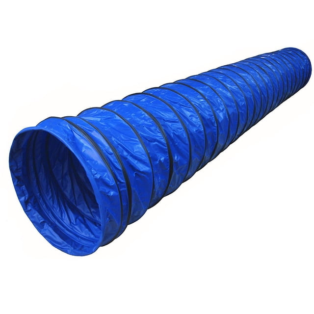 Handlers Choice Agility Tunnel in blue, a 10-foot long, 24-inch diameter dog training tunnel with 8-inch pitch, made from weatherproof, rot- and UV-resistant PVC, lightweight for easy transport and ideal for indoor or backyard agility training.