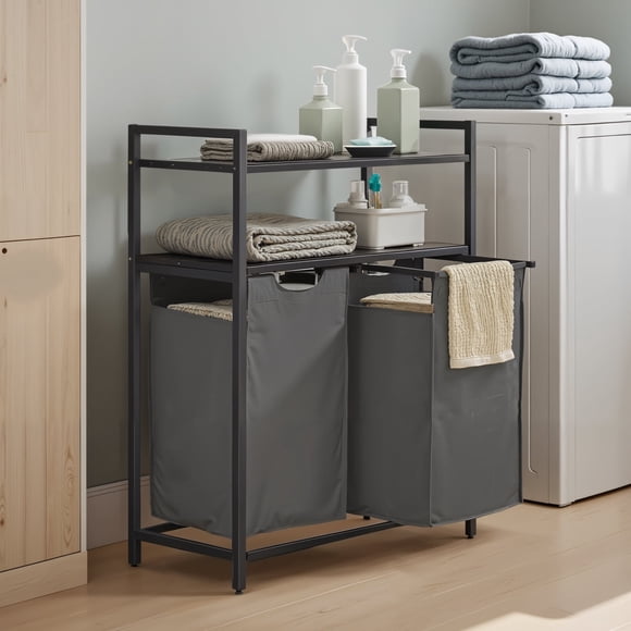 LEDREM 2-Bin Laundry Sorter with Shelves, 24.2 Gallon Capacity, Removable Bags & Steel Frame, for Home Organization, Black and Grey