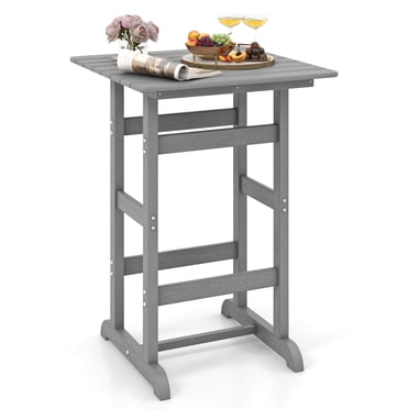 Costway Table de Bar d'Extérieur Toutes Saisons en HDPE, Table de Patio avec Grains de Bois, Table Bistro Gris