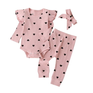 Vêtements pour Bébé 0-3 Mois Tout-Petit Bébé Enfants Filles Barboteuse à Volants à Imprimé Cœur Pantalon Bandeau Ensemble de Vêtements Vêtements Bébé Fille 3-6 Mois Vêtements Fille 12-18 Mois Pantalon Bébé 0-3 Mois